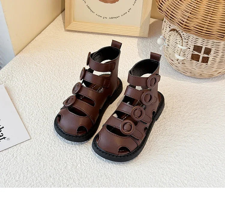 Kids High-Top Beach Shoes – Hollowed-Out Princess Sandals with Hook & Loop Strap | Trendy Summer Solid Color Children’s Sandals