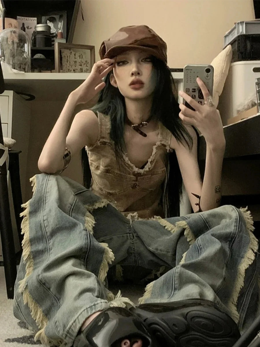 Vintage Denim Vest for Women – Y2K Streetwear Sleeveless Tunic with Tassels, Irregular Hem Casual Summer Tank Top