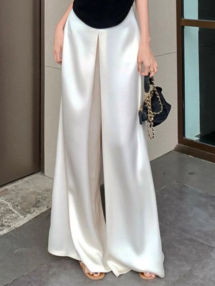 Women's High-Waisted White Satin Wide-Leg Pants – Elegant Floor-Length Spring/Summer Trousers