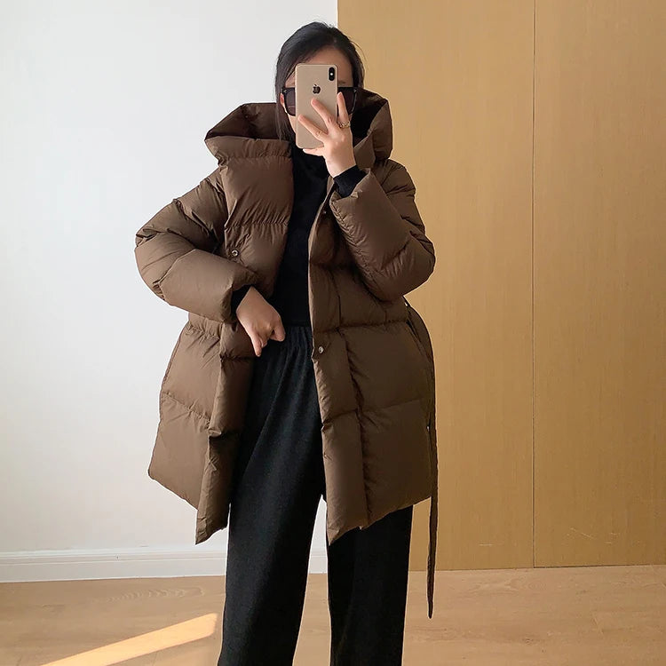 Women's Winter Jackets Ultra Light Warm Puffer Jacket With Belt Plus Size Hooded Female Jacket