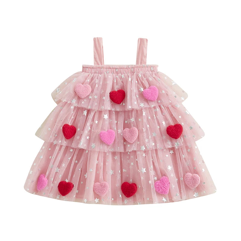1-9 Years Girls Fashion Valentine Day Dress Kids Star Print Square Neck Sleeveless Children’s Layered Tulle with 3D Heart Clothes