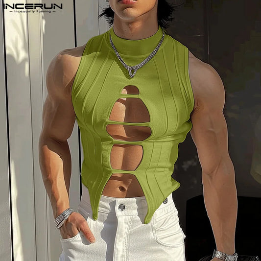 Stylish Clubwear Tops – INCERUN Men's Hollow-Out Semi High Neck Knitted Vests, Fashion Sleeveless Solid Tank Tops (Sizes S–5XL)