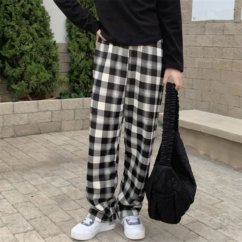 Fashion Warm Plush Pants Cashmere Thick Plaid Ladies Winter Casual Loose Wide-legged Pants Streetwear