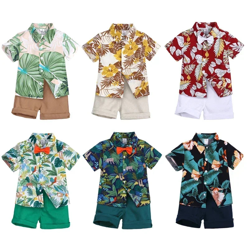 Baby Boys Summer Hawaiian Outfit – Infant & Toddler Gentleman Set with Floral Shirt, Bowtie & Shorts