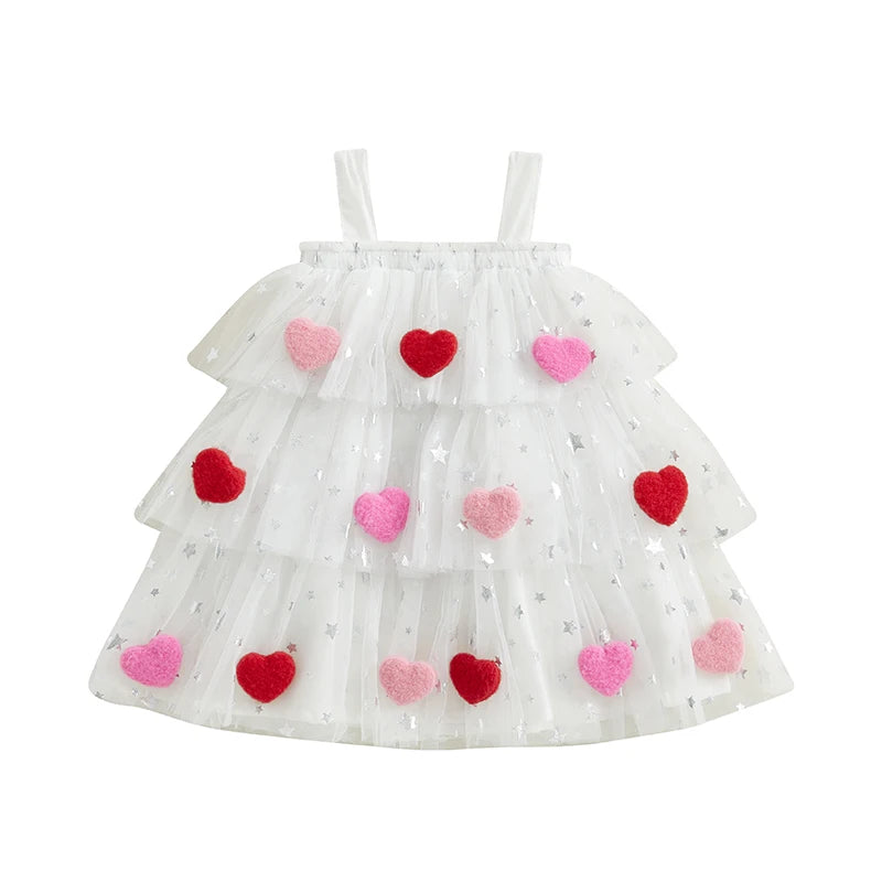 1-9 Years Girls Fashion Valentine Day Dress Kids Star Print Square Neck Sleeveless Children’s Layered Tulle with 3D Heart Clothes