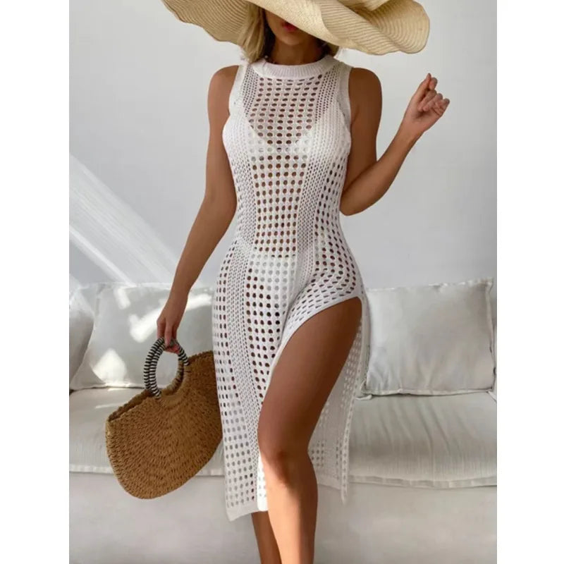 Summer Hollow Out Knitted Beach Cover Up Double Side Slits Women Dress Females Beachwear Round Neck Sleeveless Clothes