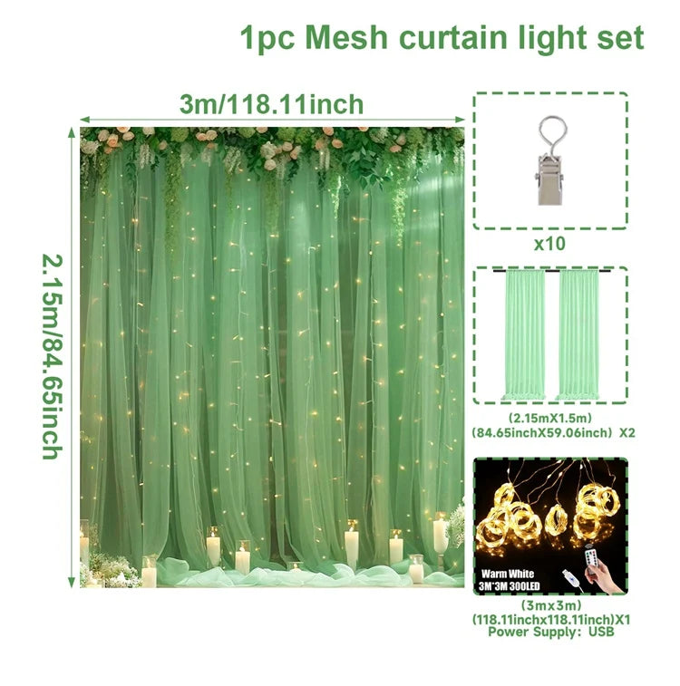 1 Set/2 Pieces Tulle Backdrop Curtains with Lights for Party Wedding Arch Baby Shower Birthday Party Photo Shoot Decorations