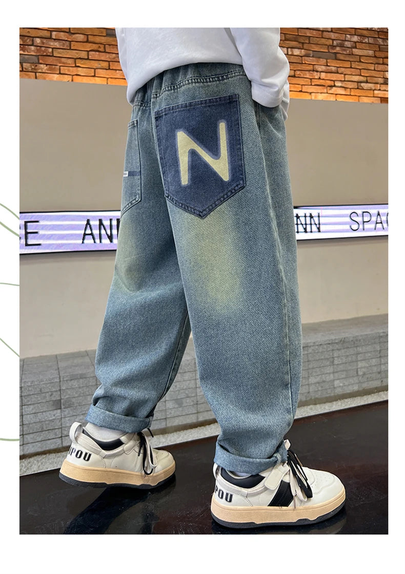 Boys' Straight-Leg Jeans –Street Style, Wide-Leg Fit with Back Pocket Letter Design, Sizes for Medium and Big Kids