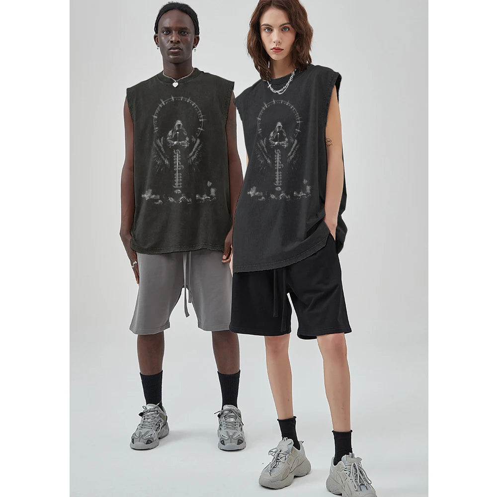 Y2K Tank Tops for Men and Women, 100% Cotton, Vintage Black Men's Clothing, Hip Hop Punk Rock Sleeveless T-shirts, Gothic Vests