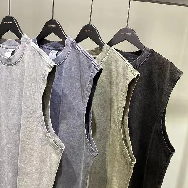 WASH vintage batik grinding edge Manly Vest Europe and the United States trend loose base T- shirts