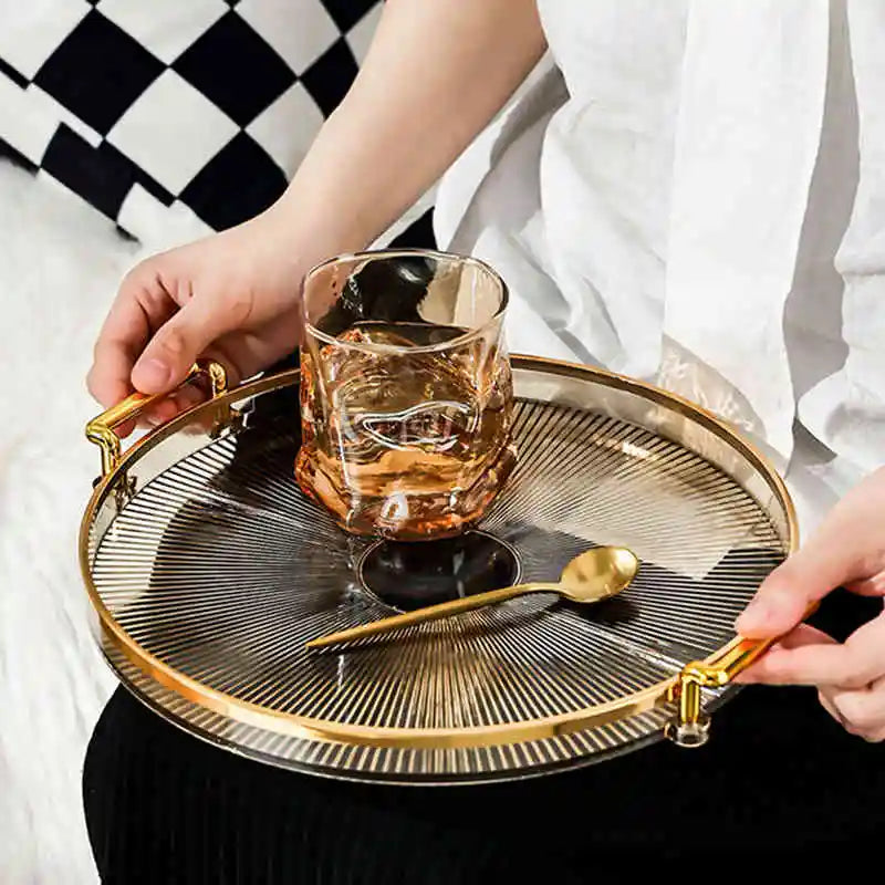 Tea Dessert Fruit Storage Tray Living Room Kitchen Dinner Plate with Golden Handle Household