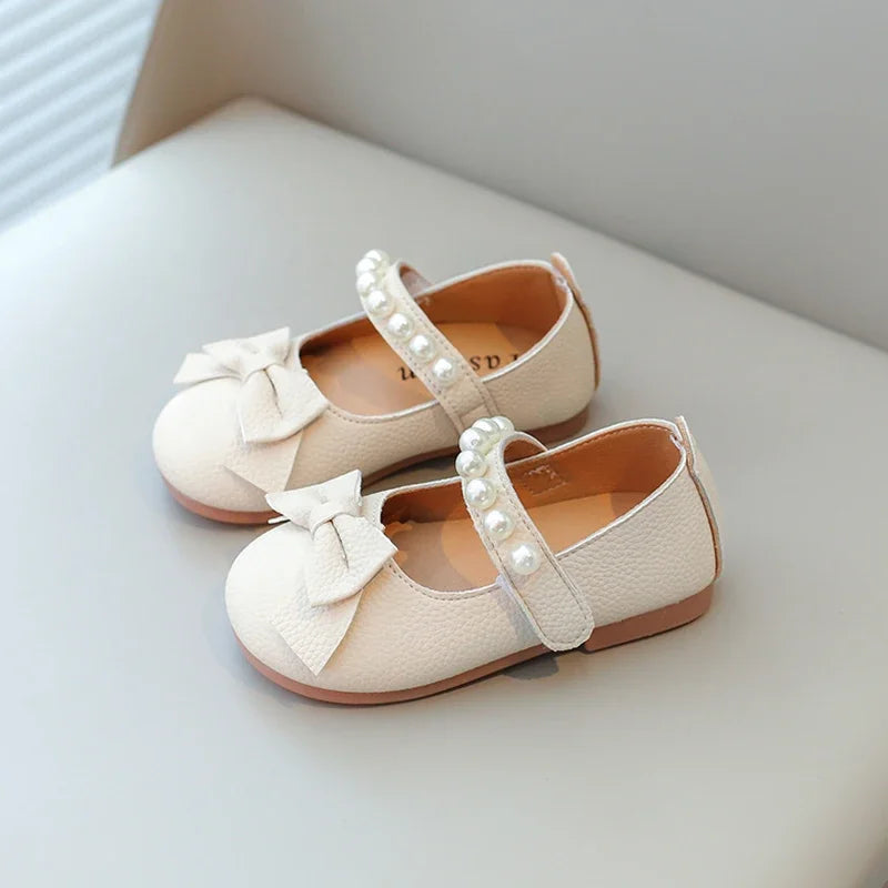 Baby Toddler Girls Party Shoes Leather Pearls Beaded with Butterfly-knot Kids Mary Janes PU Leather Soft Cute Flats