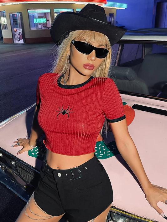Women's Hip-Hop Sports Style Spider Embroidered Cropped T-Shirt – Slim Fit Colorblock Pullover Bullet points