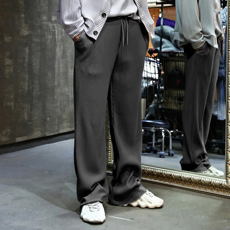 Men's Casual High-Waist Wide-Leg Pants – Loose Fit, Striped, Straight-Leg, Spring & Autumn Style