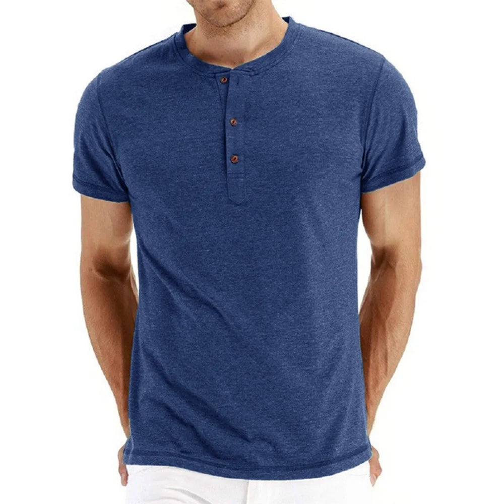 High Quality Cotton Henley T-Shirt for Men – Slim Fit, Short Sleeve, Solid Color, Fashion Casual Tee