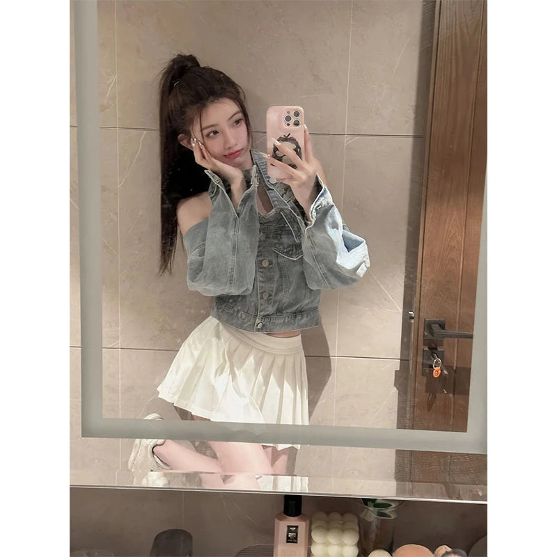 Y2K Cropped Denim Jacket for Women – Vintage Slash Neck Halter Jean Coat with Long Sleeves, Casual Streetwear Outerwear