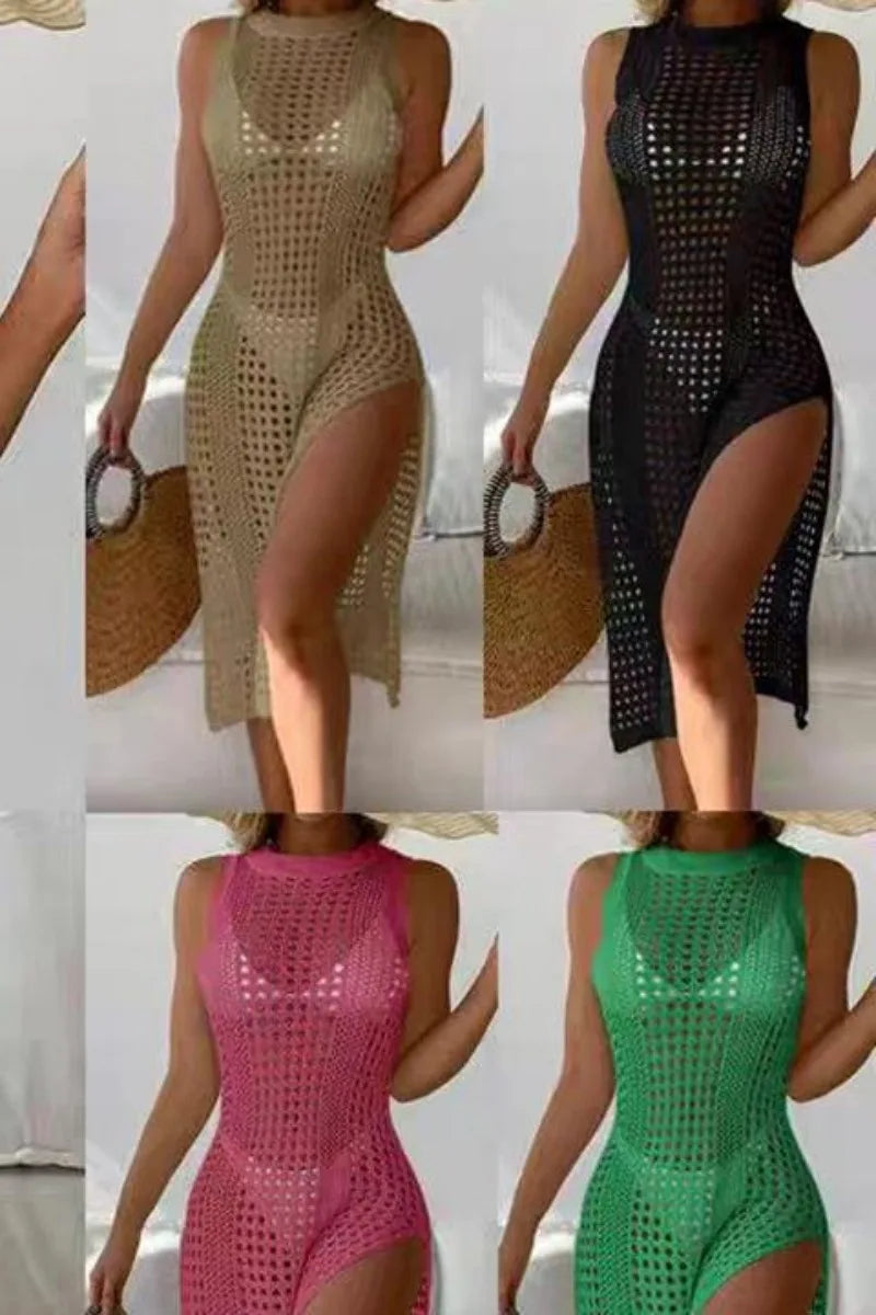 Summer Hollow Out Knitted Beach Cover Up Double Side Slits Women Dress Females Beachwear Round Neck Sleeveless Clothes