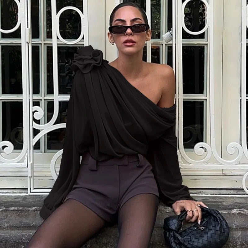 Women Chiffon Blouse Fashion OL One Shoulder Off Long Sleeve Blouse Female T Shirt
