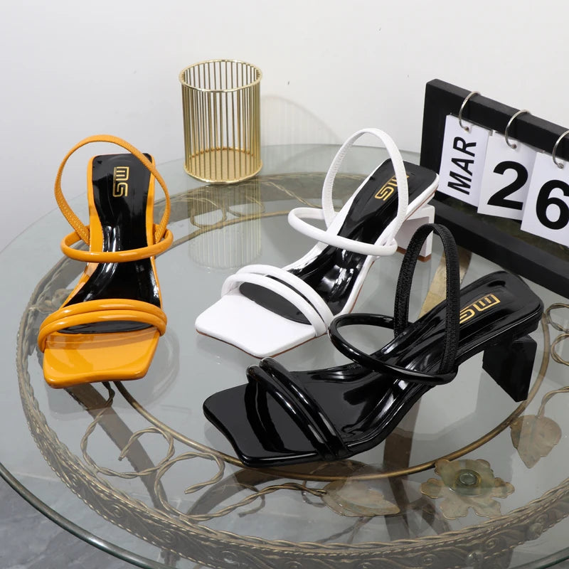 Plus Size Women's Sandals – Elegant Thick Square Heel with Elastic Band Bullet Points shoes
