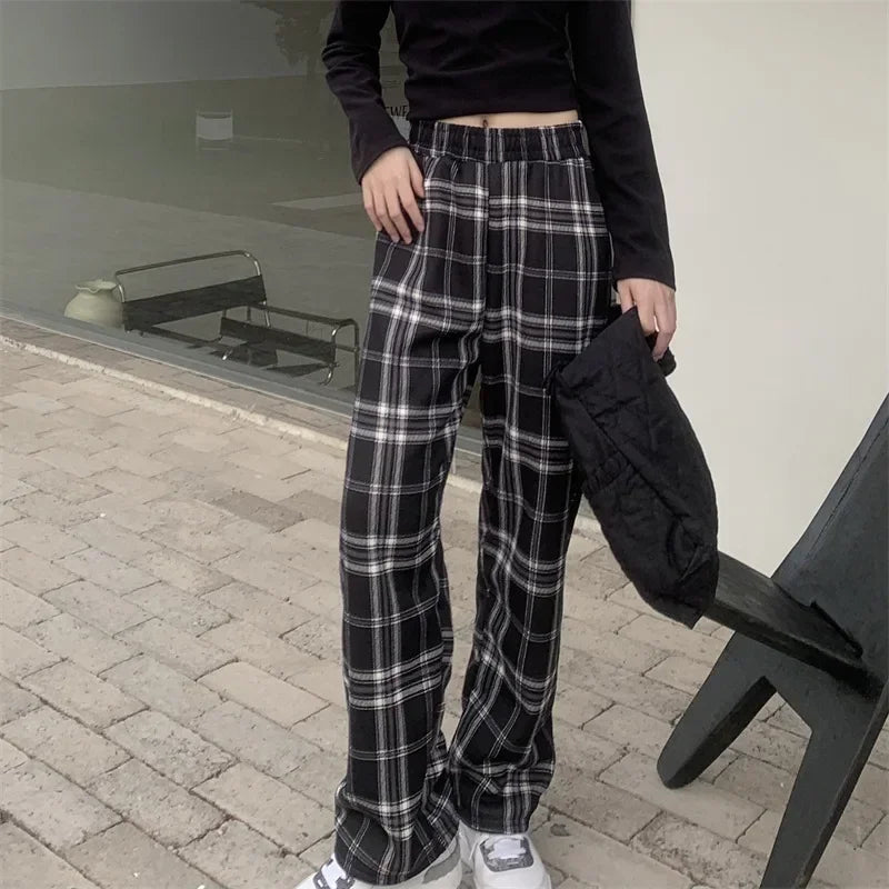 Fashion Warm Plush Pants Cashmere Thick Plaid Ladies Winter Casual Loose Wide-legged Pants Streetwear