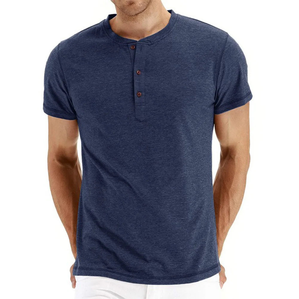 High Quality Cotton Henley T-Shirt for Men – Slim Fit, Short Sleeve, Solid Color, Fashion Casual Tee
