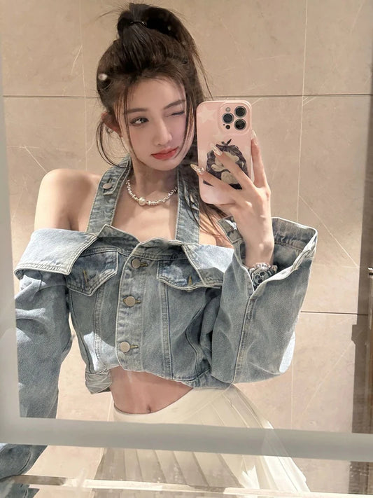 Y2K Cropped Denim Jacket for Women – Vintage Slash Neck Halter Jean Coat with Long Sleeves, Casual Streetwear Outerwear