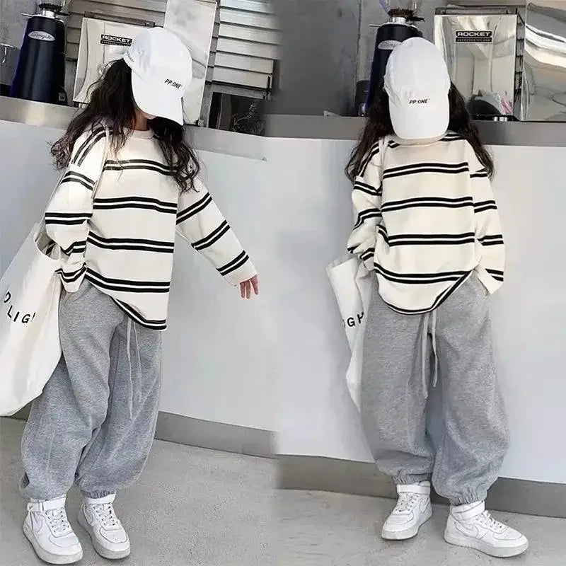 MINISO Simple Kids' Clothing Set for Girls - 2-Piece Outfit, Long Sleeve Striped Top + Loose Pants, for Teen Girls Ages 6-14