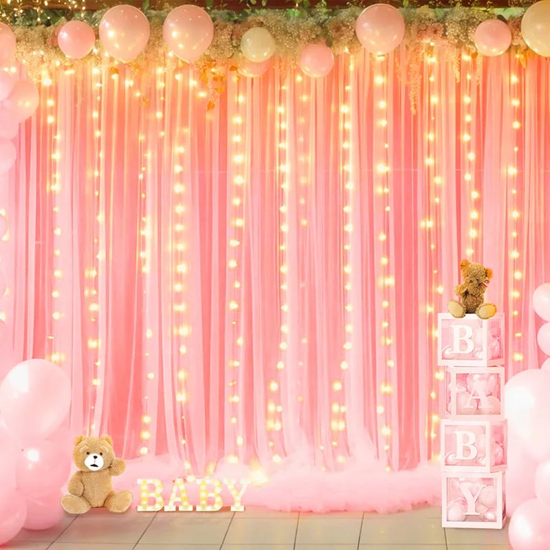 1 Set/2 Pieces Tulle Backdrop Curtains with Lights for Party Wedding Arch Baby Shower Birthday Party Photo Shoot Decorations