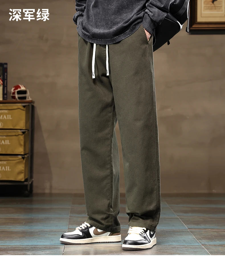 HIQOR Men's Casual Jogger Pants – Loose Straight-Leg Cotton Vintage Cargo Trousers, Solid Color Streetwear