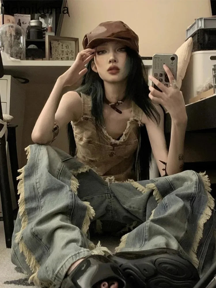 Vintage Denim Vest for Women – Y2K Streetwear Sleeveless Tunic with Tassels, Irregular Hem Casual Summer Tank Top