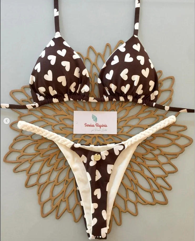 Women's Leopard Print Bikini Set – Two-Piece Swimsuit with Striped Thong Bottom – Summer Beachwear