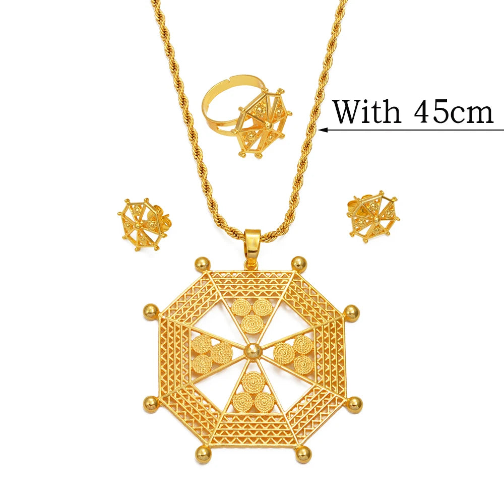 New Ethiopian & Eritrean Jewelry Set – African Ethnic Necklace, Earrings, and Ring for Women & Girls – Wedding or Party Gift