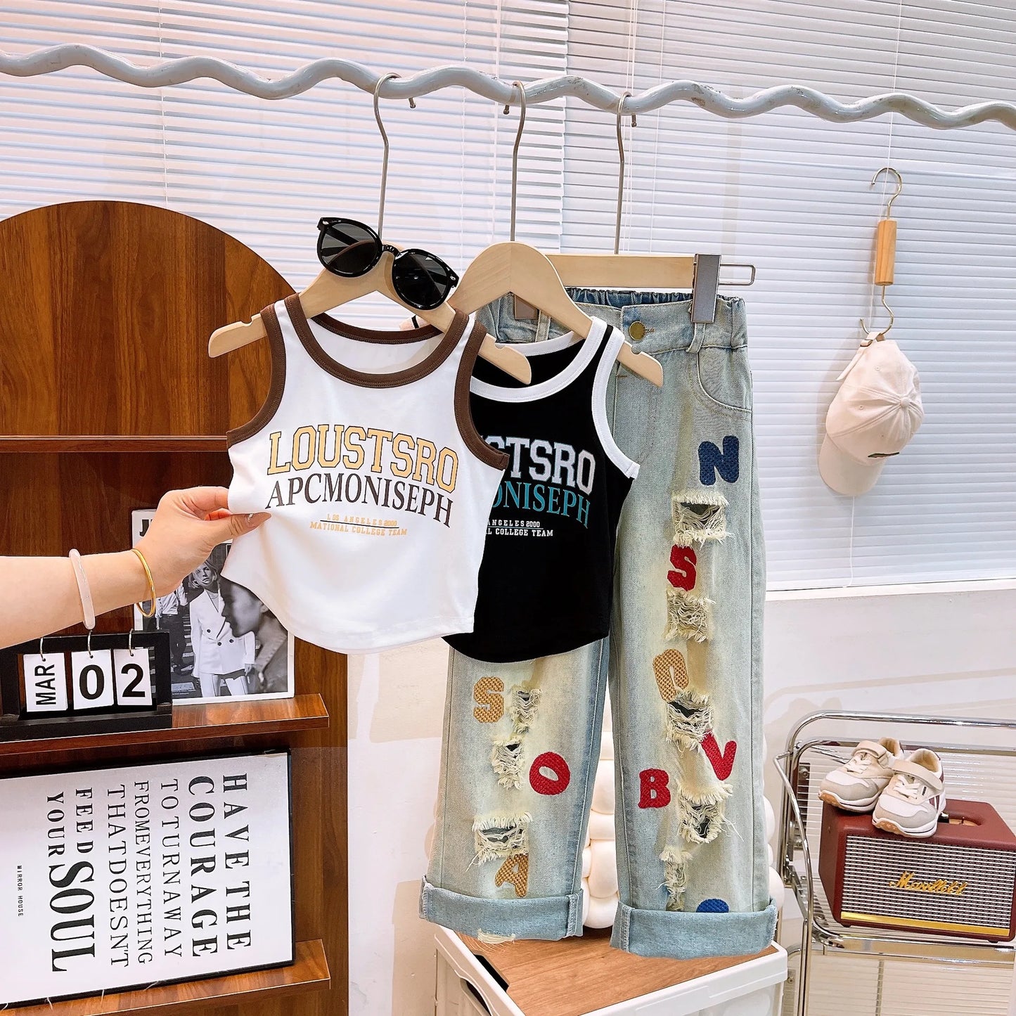 Spring Summer Girls Clothing Set – Big Girl Fashion T-Shirt Vest Top + Letter Embroidered Jeans – Street Dance Performance Costume