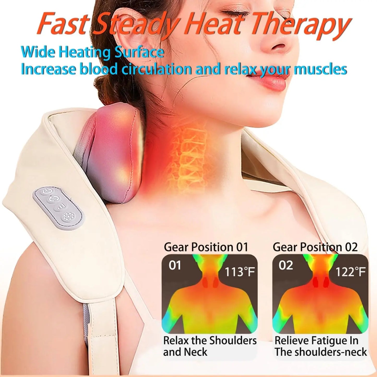 20W Wireless Neck & Shoulder Massager – Beige Kneading Massage Shawl for Back, Cervical & Trapezius
