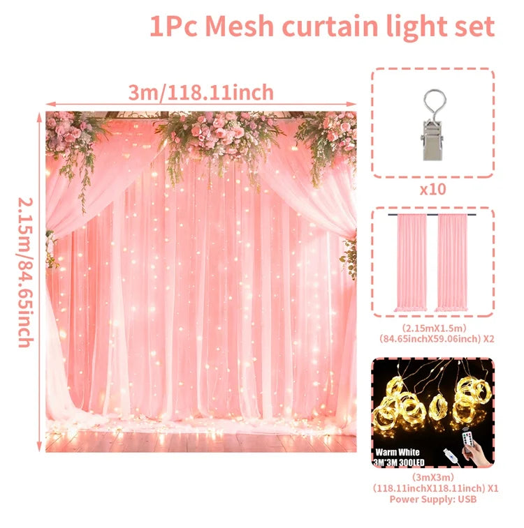 1 Set/2 Pieces Tulle Backdrop Curtains with Lights for Party Wedding Arch Baby Shower Birthday Party Photo Shoot Decorations