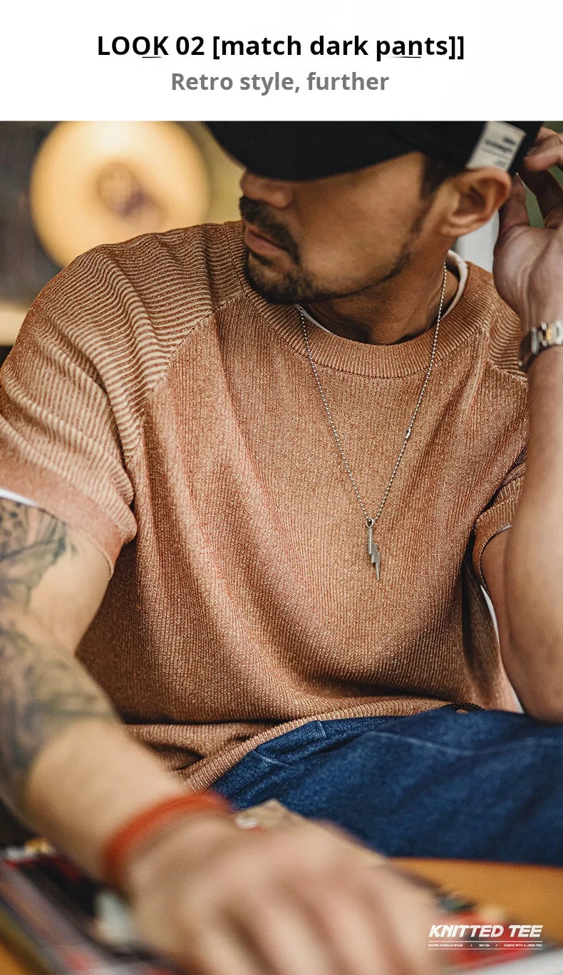 Maden New Vintage Orange Knitted Short Sleeve T-Shirt for Men – Summer Loose Fit Ribbed Crew Neck Tee, Breathable Casual Streetwear