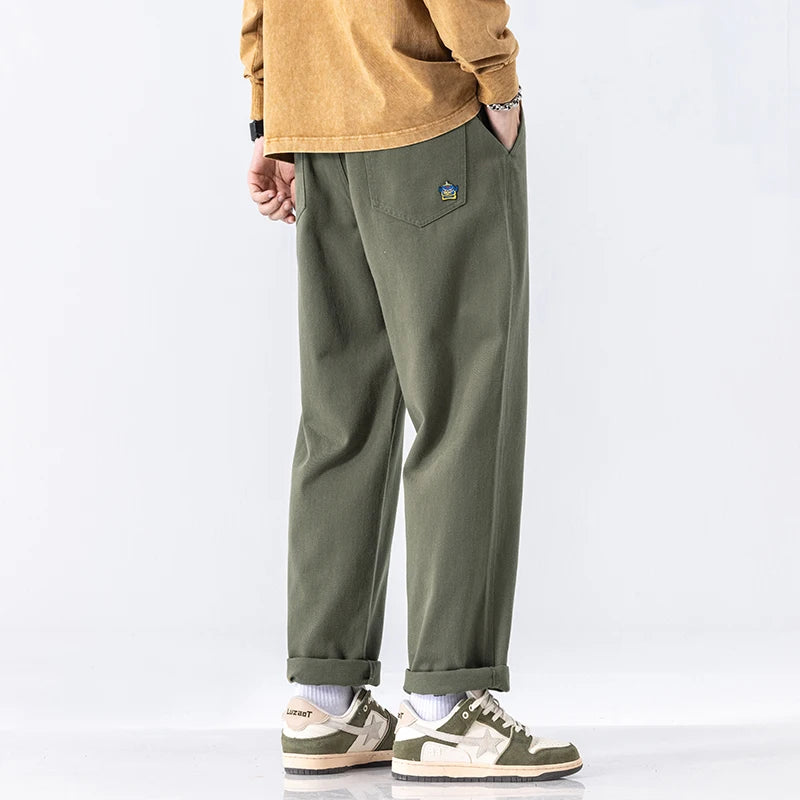 HIQOR Men's Casual Jogger Pants – Loose Straight-Leg Cotton Vintage Cargo Trousers, Solid Color Streetwear