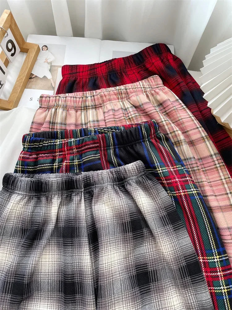Fashion Warm Plush Pants Cashmere Thick Plaid Ladies Winter Casual Loose Wide-legged Pants Streetwear