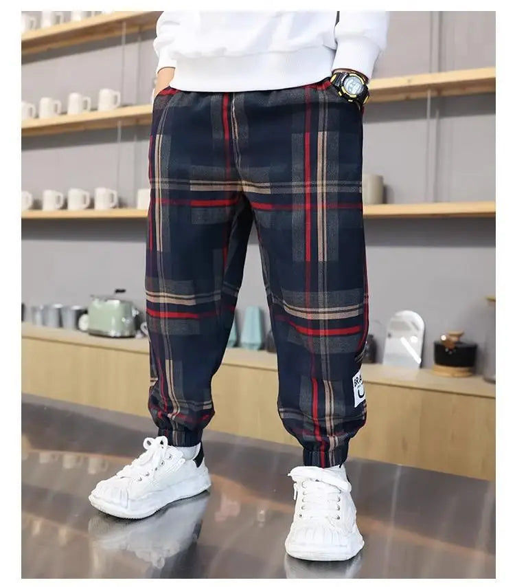 Boys' Cotton Plaid Pants – Casual Loose Fit Trousers for Kids & Teens (Spring/Autumn)
