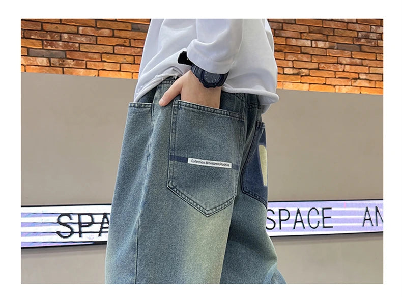 Boys' Straight-Leg Jeans –Street Style, Wide-Leg Fit with Back Pocket Letter Design, Sizes for Medium and Big Kids