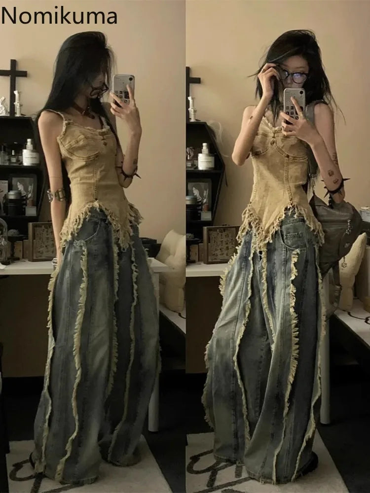 Vintage Denim Vest for Women – Y2K Streetwear Sleeveless Tunic with Tassels, Irregular Hem Casual Summer Tank Top