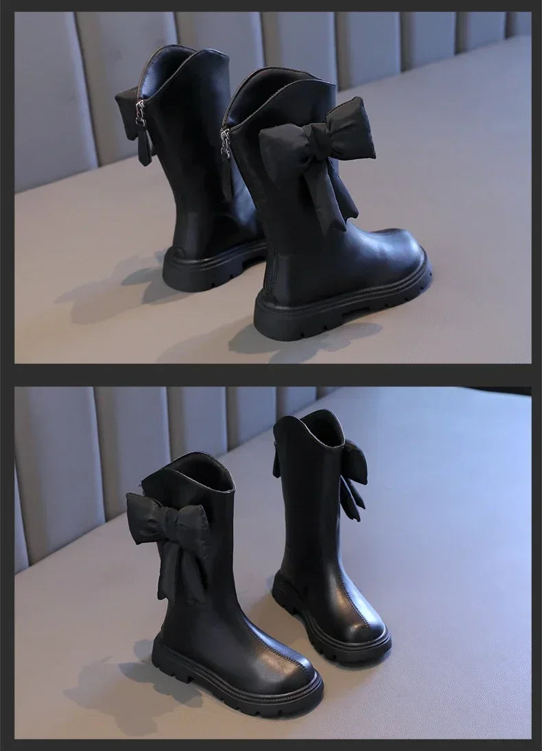 27-37 Girl's Long Boots Black Pu Leather Bowtie Chunky Fashion Children Winter Boot Warm Bowknot Round Toe Knee-high Kids Shoes