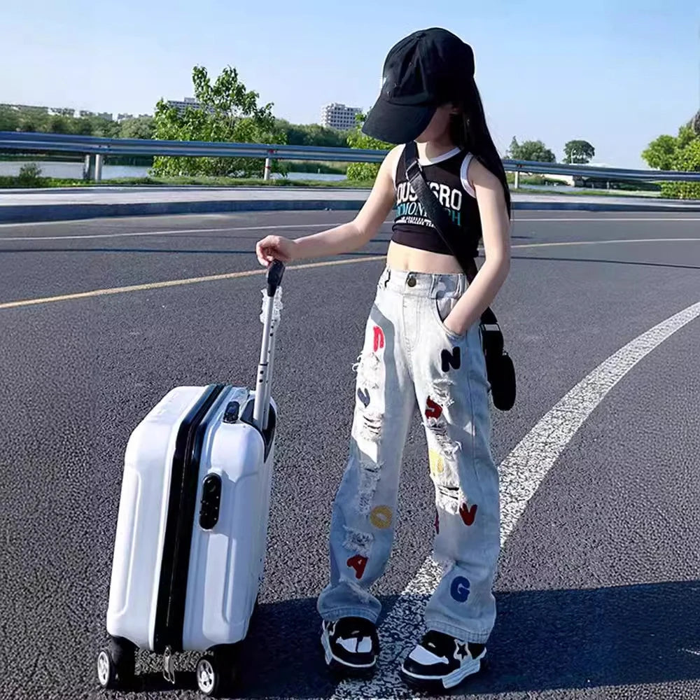 Spring Summer Girls Clothing Set – Big Girl Fashion T-Shirt Vest Top + Letter Embroidered Jeans – Street Dance Performance Costume