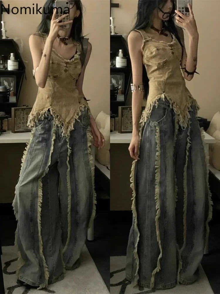Vintage Denim Vest for Women – Y2K Streetwear Sleeveless Tunic with Tassels, Irregular Hem Casual Summer Tank Top