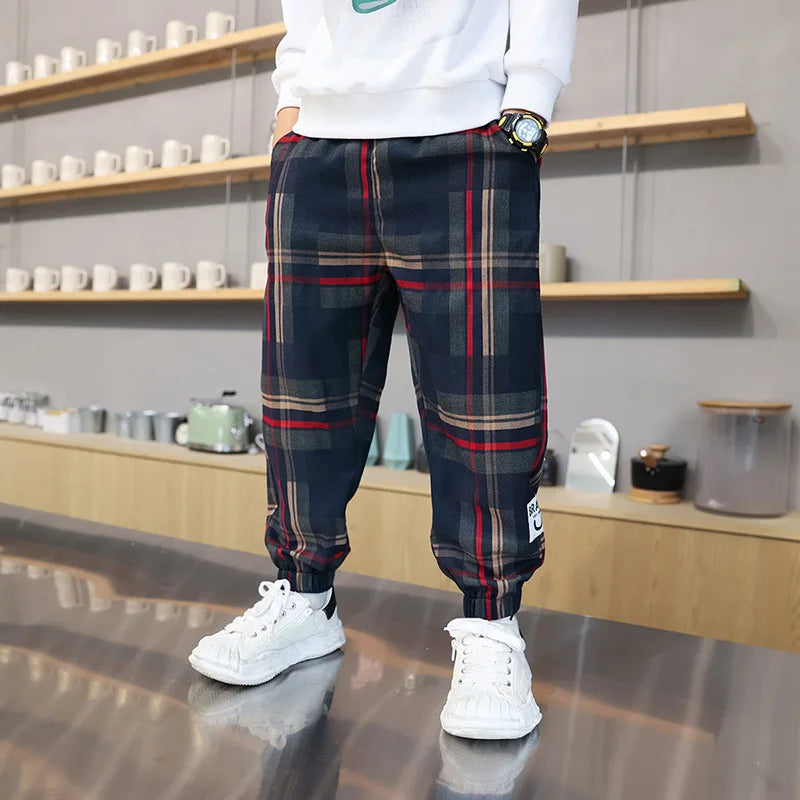 Boys' Cotton Plaid Pants – Casual Loose Fit Trousers for Kids & Teens (Spring/Autumn)