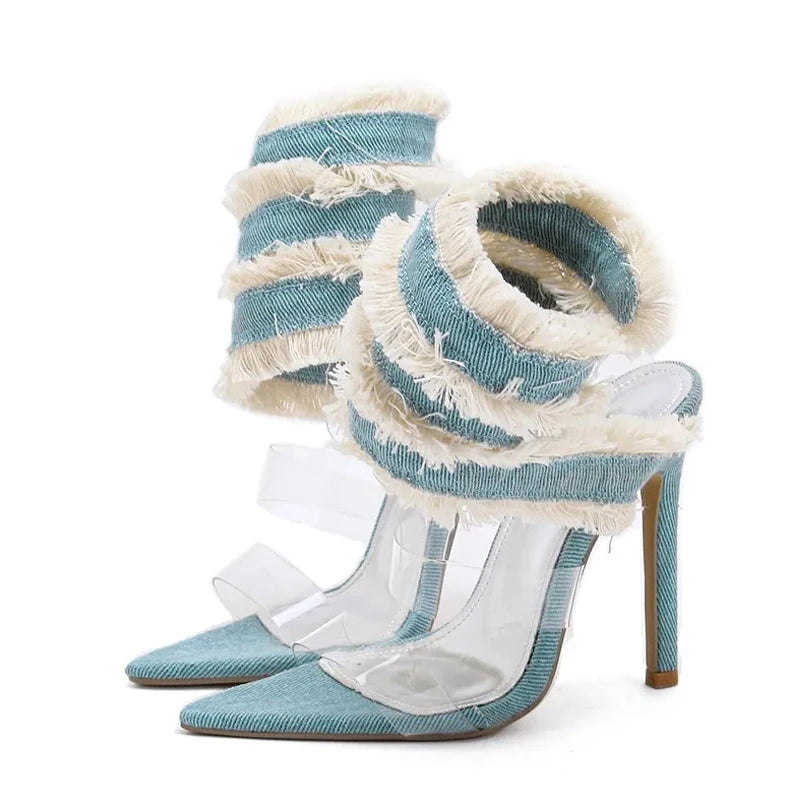 Women's Denim Ankle Strap Snake Wrap Sandals – Transparent PVC High Heels, Party & Evening Shoes