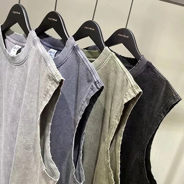 WASH vintage batik grinding edge Manly Vest Europe and the United States trend loose base T- shirts