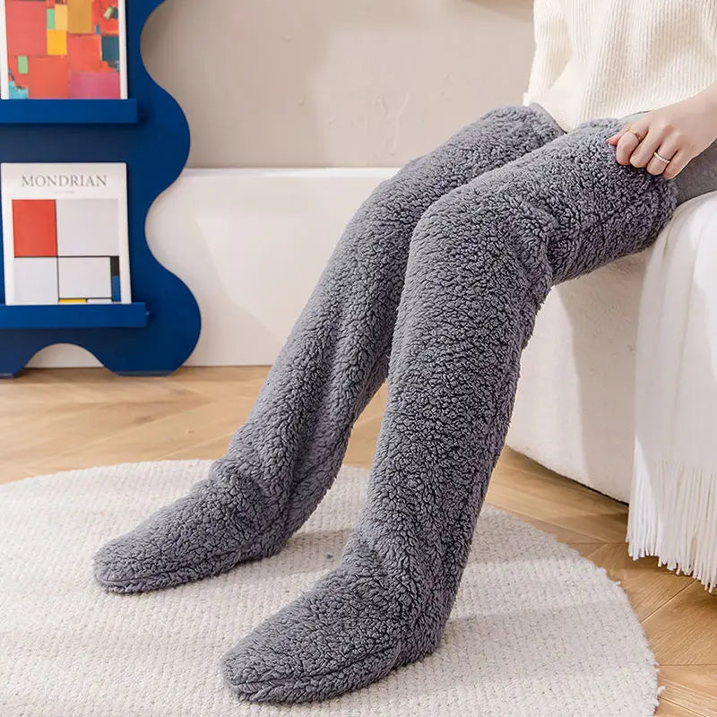 Over Knee Long Winter Socks Thigh High Double-sided Fleece Stockings Socks Solid Color Plush Leg Home Office Warmers