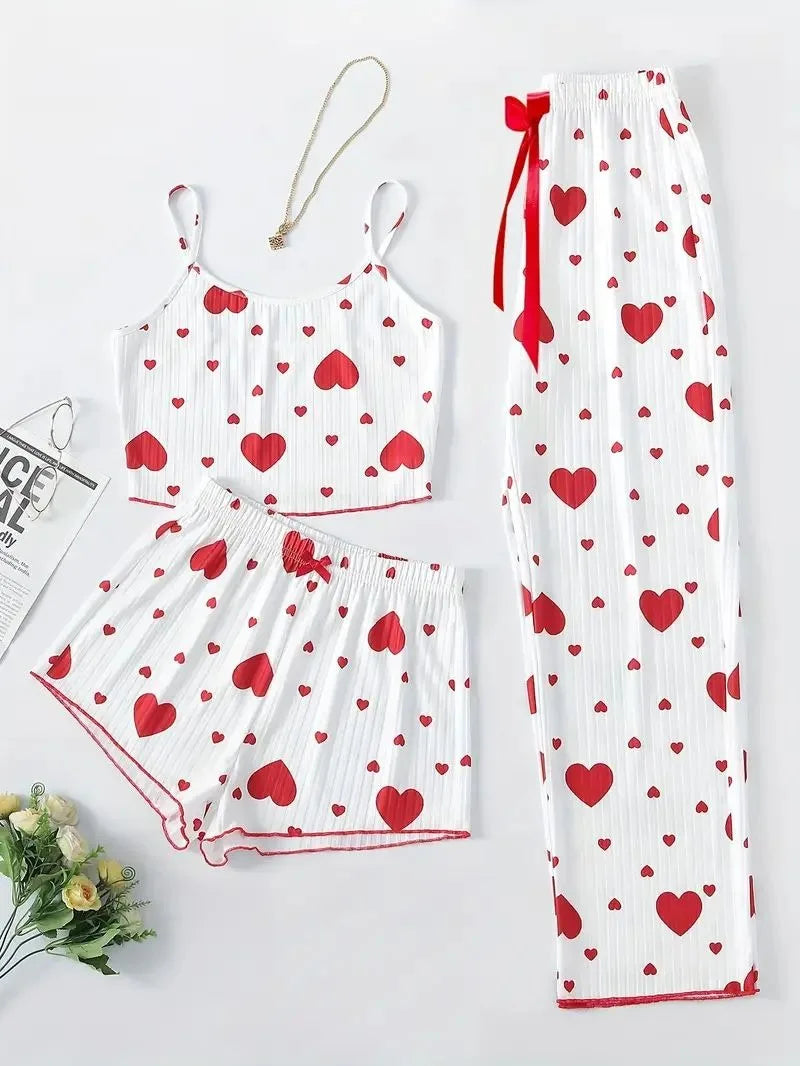 Women's Autumn Winter Sleepwear Pajama Set – Heart Print Sleeveless Cami Top with Long Pants, Comfortable Loungewear Pyjamas