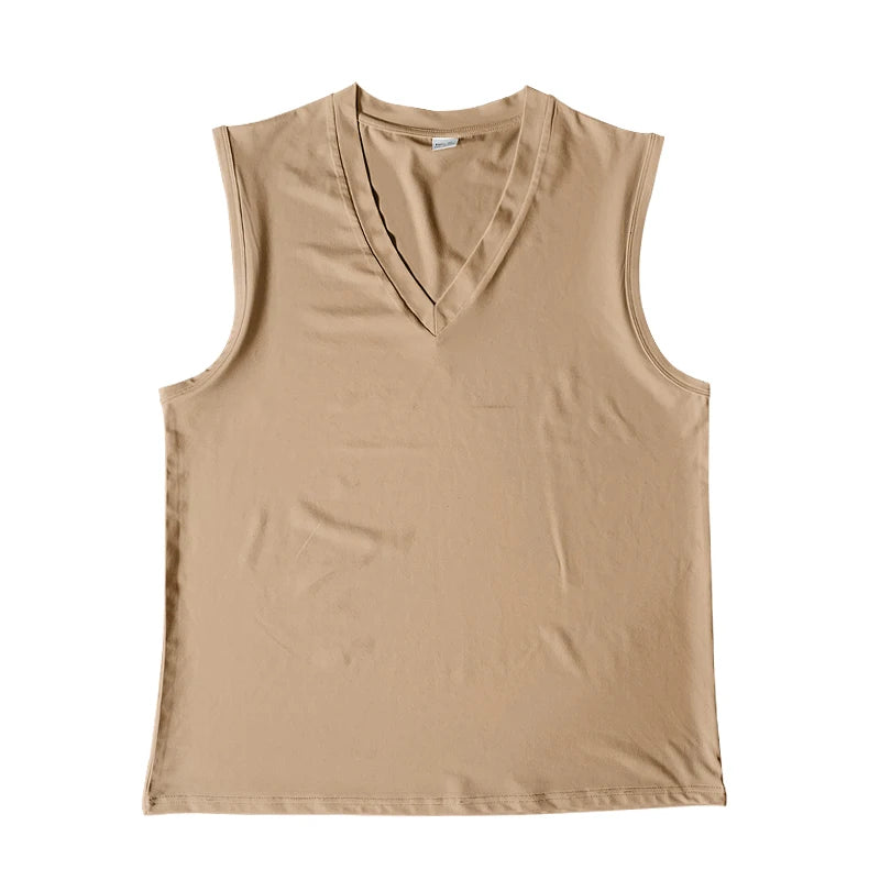 Summer Men's Solid Color V-Neck Vest, Casual Breathable Sleeveless T-Shirt, Suitable for Fitness and Sports Tank Tops